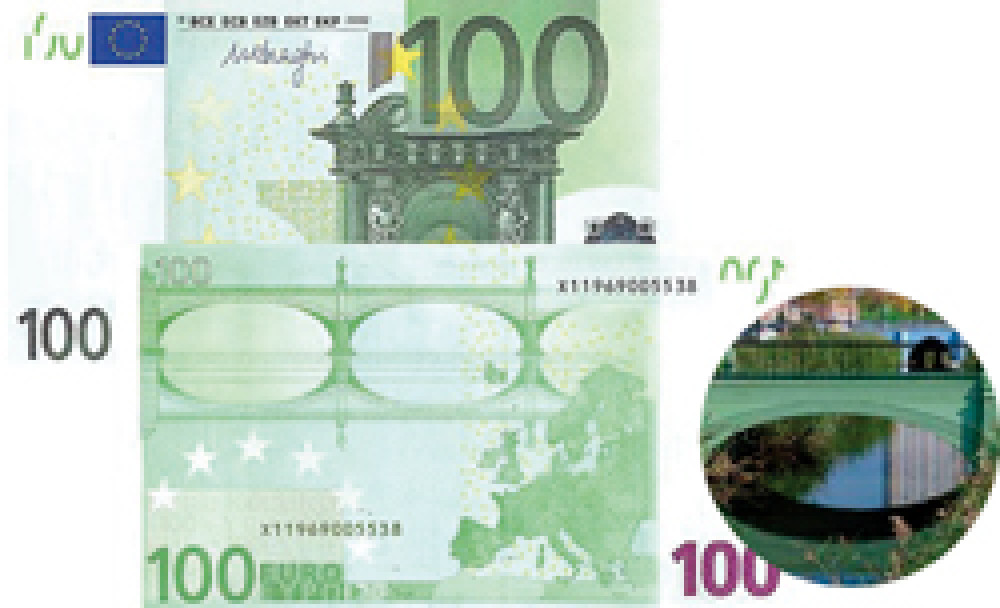 Банкнота в 100 евро выполнена в зеленом цвете. Изображения демонстрируют стили барокко и рококо, которые соперничали между собой в разных европейских странах. Центром барокко в архитектуре была Италия, рококо родилось и развивалось во Франции.