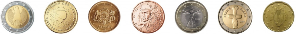Монеты евро разных стран (слева направо): Германия, Нидерланды, Латвия, Франция, Италия, Кипр, Ирландия.