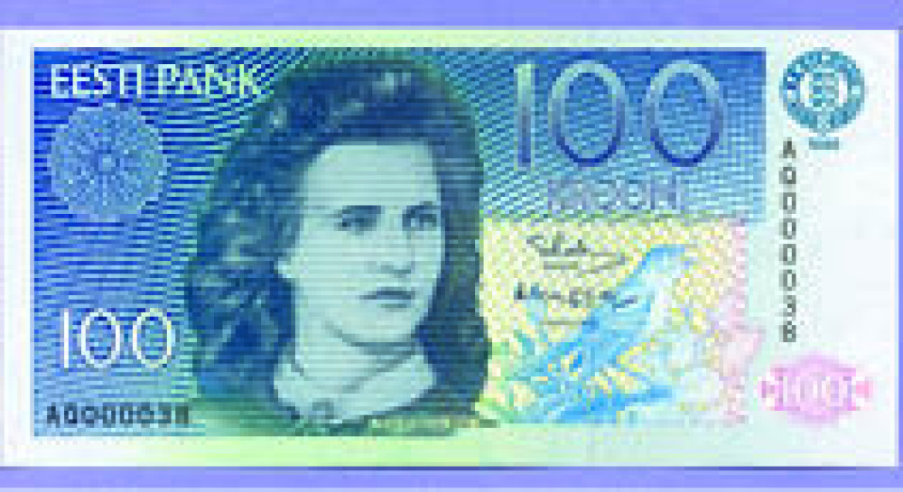 100 эстонских крон 1992 года. На аверсе изображен портрет эстонской поэтессы Лидии Койдулы, на реверсе — Балтийско-Ладожский уступ.