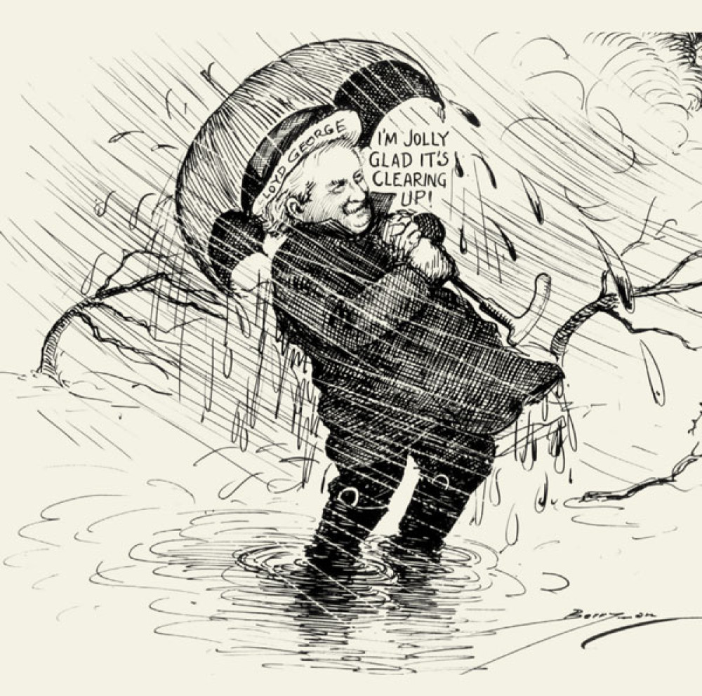 Карикатура «Оптимист из Генуи» высмеивает итоги Генуэзской конференции:Ллойд Джордж под проливным дождем радуется прояснению в небе.