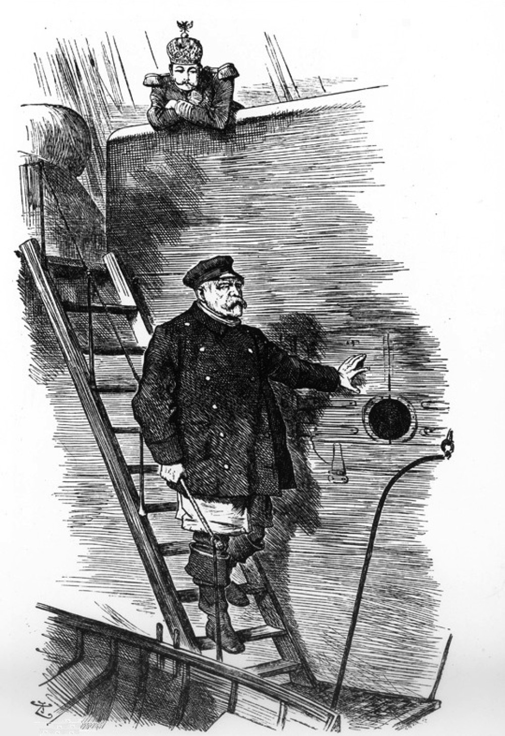 «Бисмарк сходит с корабля «Германия» под наблюдением кайзера Вильгельма II». Карикатура из журнала «Панч»
