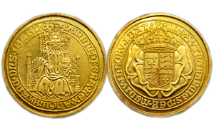 Фунт, 1489 годПервая монета достоинством в 1 фунт стерлингов была отчеканена в 1489 году. Тогда фунты тоже назывались золотыми соверенами — благодаря изображению на аверсе короля, другими словами соверена всех подданных. На аверсе изображался Генрих VII, восседающий на троне, на реверсе — герб Англии. Соверены весили по 15,47 грамма и производились из золота 994 пробы.