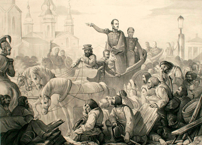 На Сенной площади Петербурга в июне 1831 года начался холерный бунт. Толпа собралась на рыночной площади и направилась громить центральную холерную больницу. Николай I выступил перед народом, чтобы остановить панику и беспорядки.  