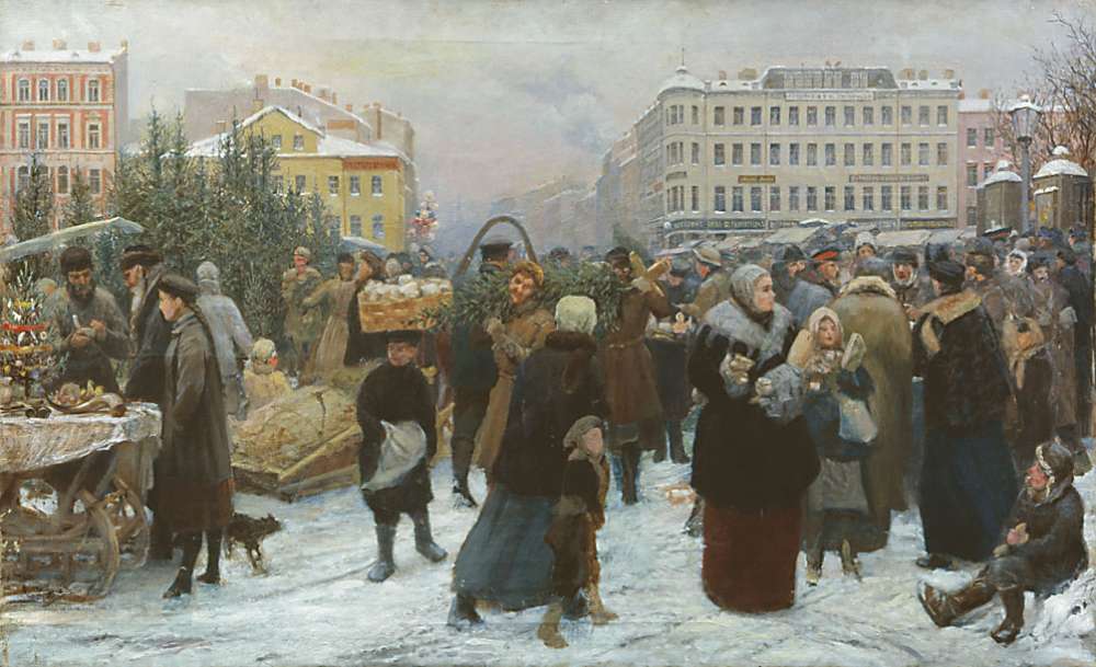 «Елочный торг», 1910-е года, художник Генрих Манизер. На картине изображена рождественская ярмарка на Покровской площади в Санкт-Петербурге